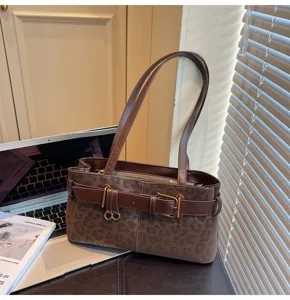 Women suede retro leopard print shoulder bag winter casual commuter chic underarm handbag.