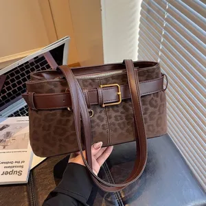 Vintage Leopard Print Suede Shoulder Bag Women Winter Casual Commuter Underarm Handbag Fashion Retro Tote Bag