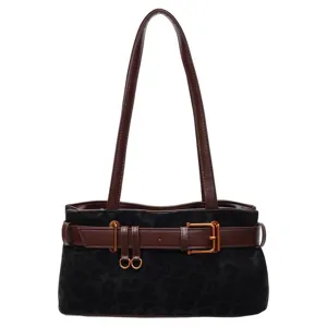 Women vintage leopard print underarm shoulder bag suede retro tote handbag for winter daily use