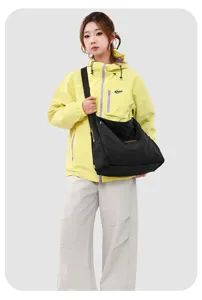 Black Japanese minimalist large capacity shoulder bag detail view, casual versatile soft tote.