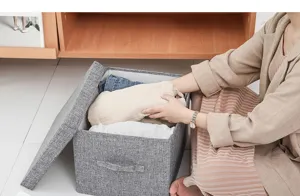 Foldable fabric storage box with lid, linen clothes organizer bin for closet and home organization