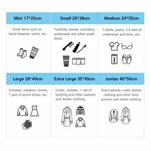 Size chart guide for travel storage bags, showing dimensions from mini to extra large models.