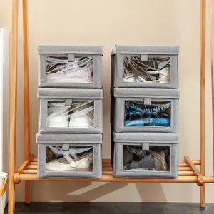 Foldable fabric shoe storage box dustproof organizer with clear drop front window home.