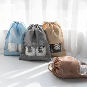 Tragbare Reise Schuhbeutel Leinen Kordelzug Staubdicht Aufbewahrungstasche Mit Transparentem Fenster Für Zuhause Gepäck Schuhe Organizer
