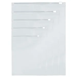 Frosted clear plastic travel storage bags with zip slider for clothes organization.