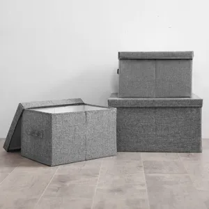 Foldable fabric storage box with lid, cotton linen clothes organizer for wardrobe and home.
