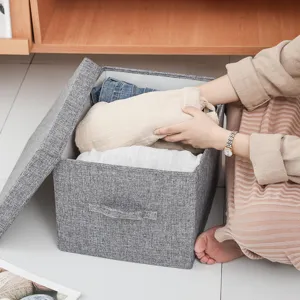 Foldable grey fabric storage box with lid and handle for home wardrobe clothes organization