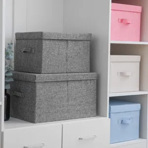 Linen fabric storage box with lid foldable wardrobe clothes organizer container bin grey