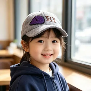 Kids corduroy baseball cap with cute embroidery patch and letters, casual autumn winter hat for children.