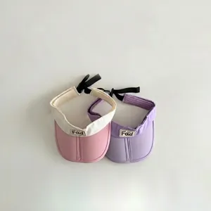 Details of cute color-block kids empty top sun hat with back ribbon ties for summer outdoor.