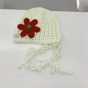 Handmade crochet hollow flower knit beanie hat, breathable summer cute hat with straps.