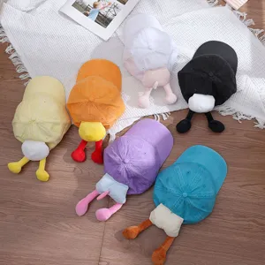 Details of cute cartoon plush character baseball caps with adorable hanging legs for kids.