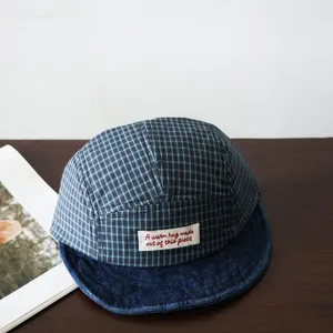 Kids plaid baseball cap with denim brim, stylish camp hat for boys and girls outdoor.