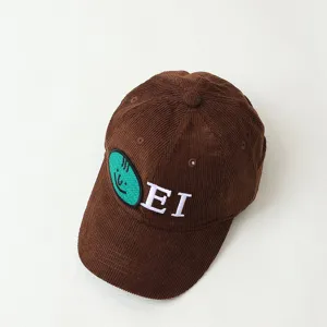 Brown corduroy baseball cap for kids with cute embroidery letters and face patch autumn wear.