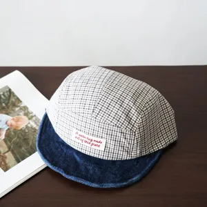 Kids plaid baseball cap with denim brim, autumn outdoor sun protection hat for boys and girls.