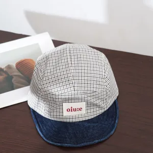 Kids plaid camp cap with denim brim, stylish casual baseball hat for boys and outdoor daily wear.