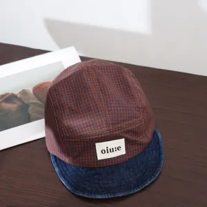 Kids plaid panel cap with denim brim, stylish casual baseball hat for outdoor wear spring autumn