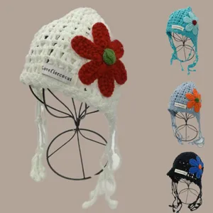 Handmade Crochet Hollow Floral Knit Beanie Cap Women Summer Vacation Sun Protection Hollow Out Tassels Hat Casual Beach Headwear