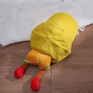 Children cute yellow baseball cap with 3d plush cartoon character design, breathable sun hat for kids.