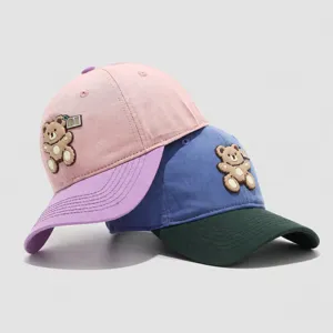Kids cotton baseball cap with cute bear patch, color block hip hop hat for spring autumn.
