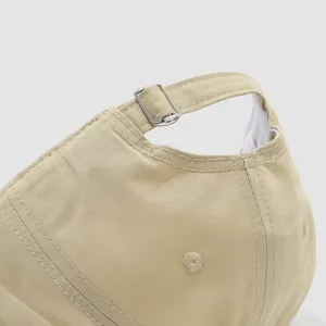 Detailed view of kids baseball hat back buckle adjustment strap in khaki color quality