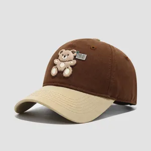 Cute bear patch kids baseball cap, breathable cotton contrast color sun hat for boys and girls