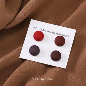 Round colorful strong magnetic hijab pins set, 4 pieces wine color scarf accessories detail.
