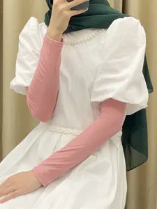Comfortable modal cotton arm sleeves for women, sun protection and modesty coverage, pink color.