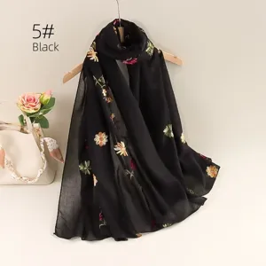 Lightweight black floral embroidered linen scarf, ethnic style sun protection shawl for women.