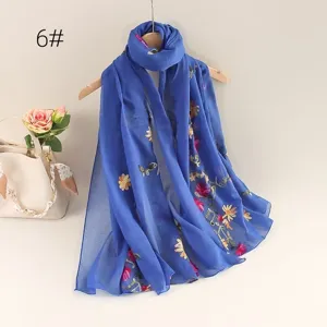 Blue cotton linen embroidered floral scarf lightweight breathable sun protection shawl wrap detail