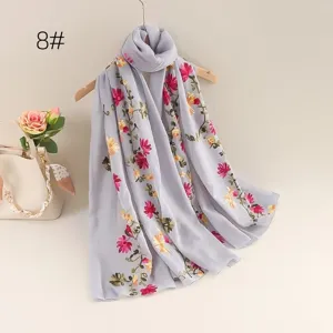Lightweight embroidered cotton linen scarf for women, soft ethnic floral sunscreen shawl.