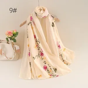 Beige floral embroidered linen scarf, lightweight breathable summer sun protection shawl.