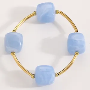 Damen Mode Luxus blaue quadratische Perle goldene gebogene Metallrohr elastische Armband