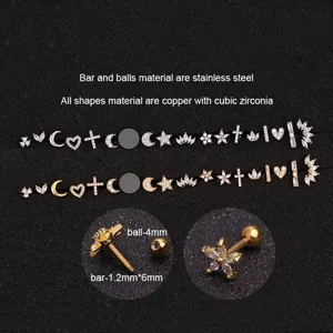 Stainless steel bar and copper cubic zirconia piercing earrings styles and size detail