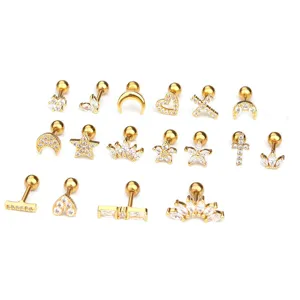 Gold stainless steel CZ cartilage stud earrings set, detail view of various piercing shapes.