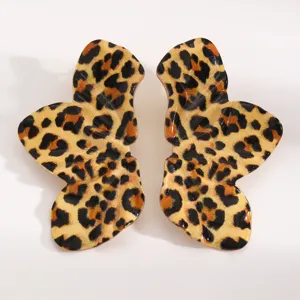 Exaggerated gold leopard print irregular petal earrings, vintage alloy statement stud jewelry.