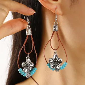 Boho turquoise kraal bloem oorbellen met bruine lederen lussen voor dames sieraden.