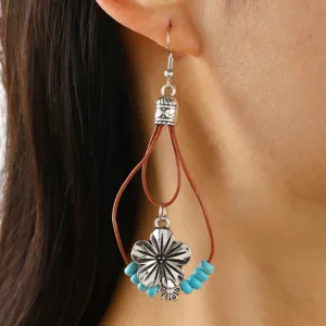 Boho vintage flower dangle earrings with turquoise beads and leather loop for women stylish