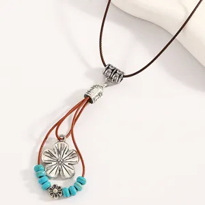 Boho turquoise kraal bloem hanger ketting vintage etnische lederen koord sieraden