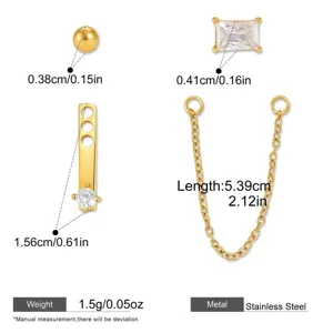 Stainless steel gold piercing jewelry size specification chart with detailed component measurements.
