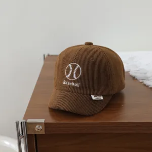 Kids corduroy baseball cap with cute embroidery short brim brown autumn winter warm sun hat