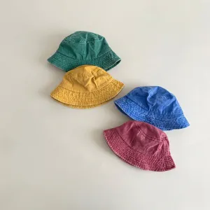 Kids washed cotton bucket hat solid color spring autumn sun protection kids basin hat