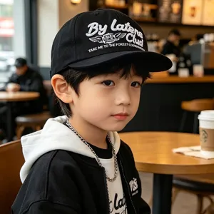Kids flat brim cap stylish hip hop baseball hat for autumn boys trendy streetwear accessory.