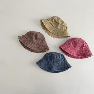 Kids washed cotton plain bucket hat spring autumn casual sun protection kids hats