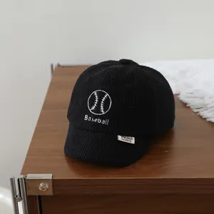 Kids black corduroy baseball cap with cute embroidered baseball design, short brim autumn hat.