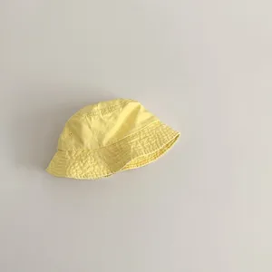 Kids yellow bucket hat spring autumn cotton sun hat solid color toddler fisherman hat.