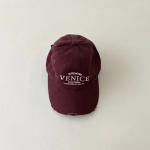 Vintage washed baseball cap for kids, retro embroidered letter dad hat with distressed brim.