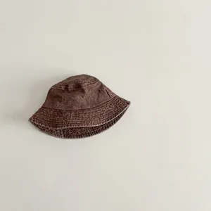 Kids washed cotton bucket hat, solid color retro sun hat for spring and autumn daily wear.