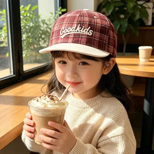Gorra de béisbol de cuadros para niños con visera beige y detalle de letras bordadas.