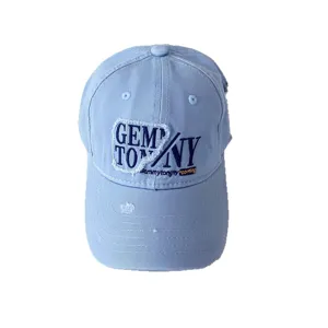 Kids light blue distressed baseball cap with embroidered letter design for casual sun protection.